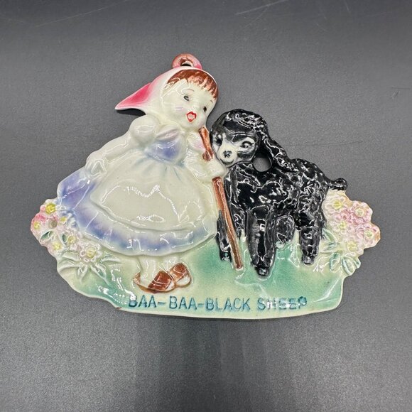 Vintage Nursery Rhyme Wall Plaque Baa Baa Black Sheep Norcrest Japan 50s Kitschy - Picture 2 of 9